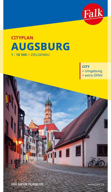 "Cityplan Augsburg 1:18.500 Zielgenau; City, Umgebung, extra ÖPNV. Nie mehr planlos." zeigt eine Stadtansicht.