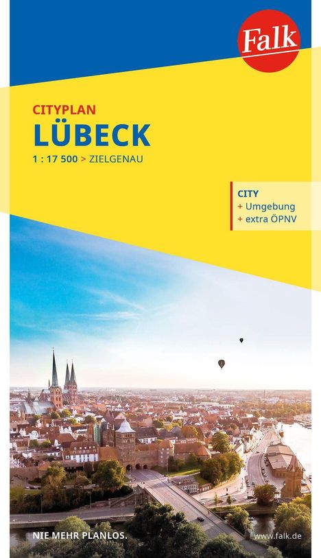 „Cityplan Lübeck 1:17 500 > zielgenau“, darunter Ansicht der Stadt Lübeck mit Holstentor und heißen Luftballons am Himmel.
