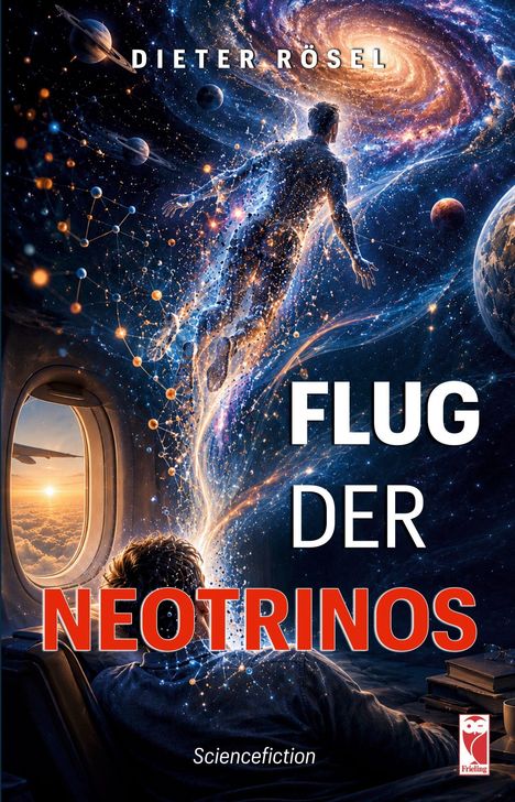"Flug der Neotrinos" von Dieter Rösel, Sciencefiction. Eine Person wird kosmisch in den Weltraum gezogen.