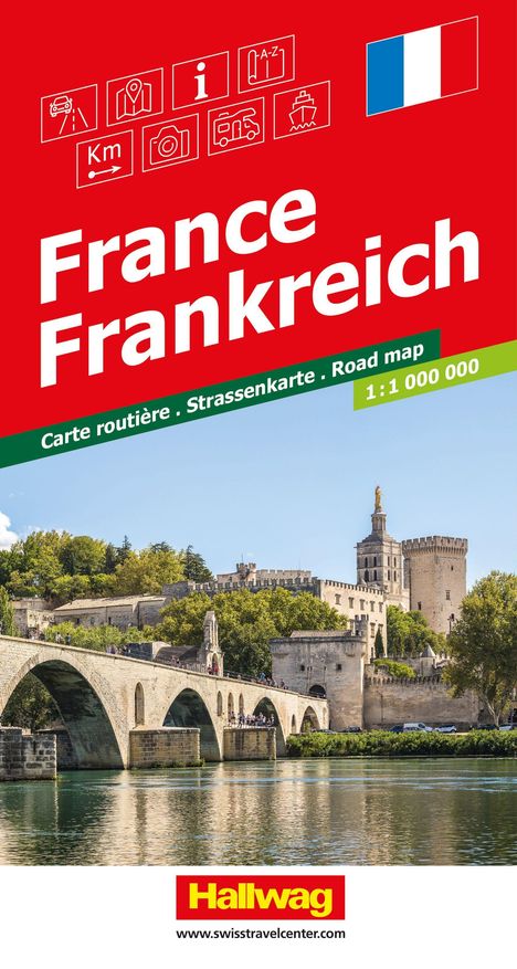 "France Frankreich. Carte routière . Strassenkarte . Road map 1:1 000 000. Hallwag. www.swisstravelcenter.com."  
Oben Symbole, unten eine Steinbrücke und Gebäude am Wasser.