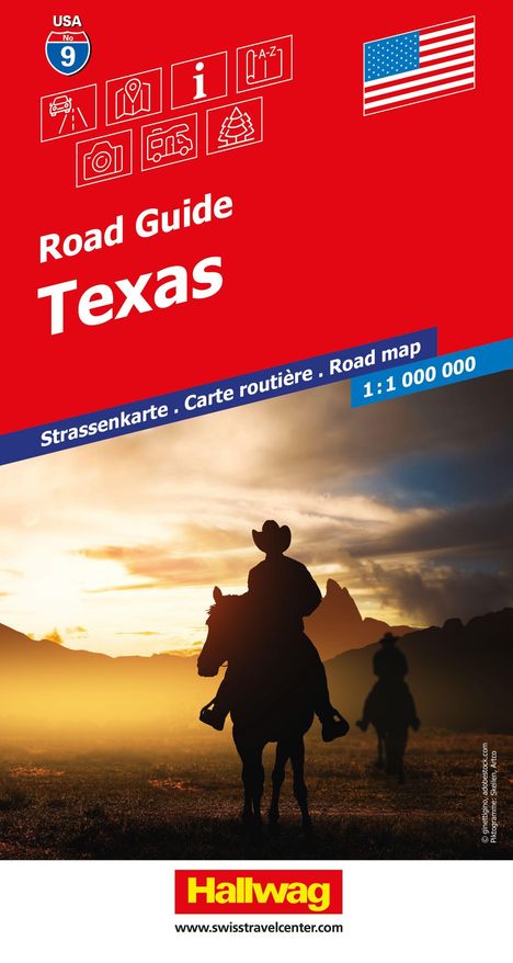 „Road Guide Texas“, „Strassenkarte“, „Road map“. Silhouette eines Cowboys auf einem Pferd vor einem Sonnenuntergang.