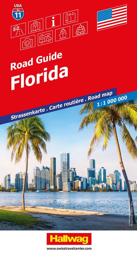 "Road Guide Florida" in weißem Text auf rotem Hintergrund, darunter Palmen, Wasser und die Skyline einer Stadt.