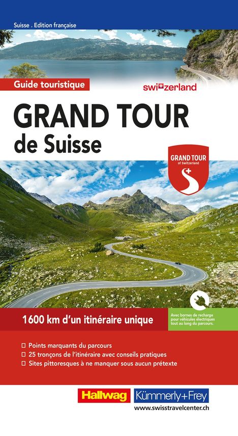 Titel: "GRAND TOUR de Suisse". Es zeigt eine malerische Straße in den Bergen, mit dem Logo der "Grand Tour of Switzerland".