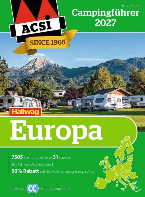 Text: "Campingführer 2027, Europa, 7505 Campingplätze in 31 Ländern." Unter einem Logo eine Landschaft mit Wohnwagen und Bergen.