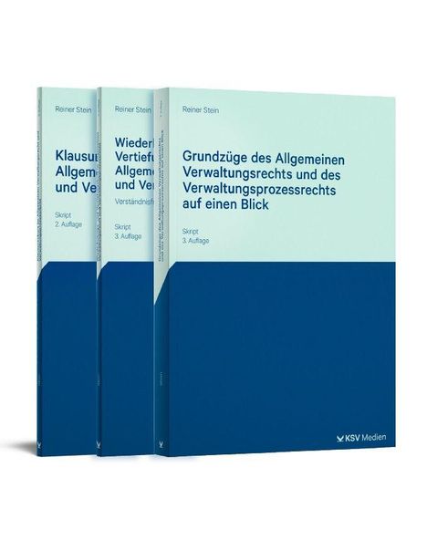 Drei Bücher mit blauen Einbänden. Titel: "Grundzüge des Allgemeinen Verwaltungsrechts..." von Reiner Stein.