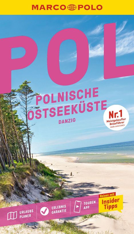 Titel: "Polnische Ostseeküste Danzig". 

Ein sonniger Strand mit Kiefern, blauem Meer und klarem Himmel.
