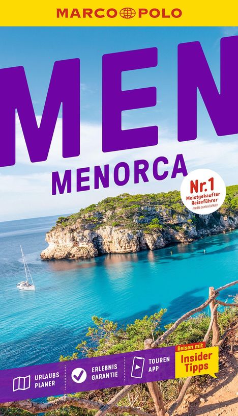 „MENORCA“, „Nr. 1 meistgekaufter Reiseführer“, „Urlaubsplaner“, „Erlebnis Garantie“, „Touren App“. Küstenlandschaft.