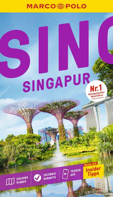 "Singapur" in großen Buchstaben, darunter futuristische Bäume im Gardens by the Bay-Park, umgeben von grüner Natur.