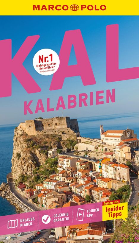Nr. 1 meistgekaufter Reiseführer. Kalabrien. Marco Polo Logo. Küstenstadt mit Festung an der Steilküste, blaues Meer.