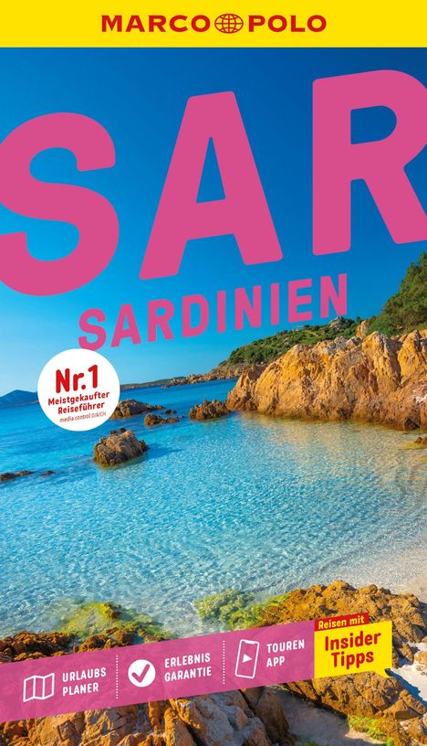 Text: "Nr.1 Meistgekaufter Reiseführer", "Sardinien", "Urlaubsplaner", "Erlebnisgarantie", "Touren App", "Insider Tipps". Klare Küstenlandschaft.