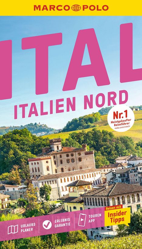"ITALIEN NORD" groß in Pink, "Nr. 1 meistgekaufter Reiseführer" in einem Kreis. Historische Gebäude in hügeliger Landschaft.