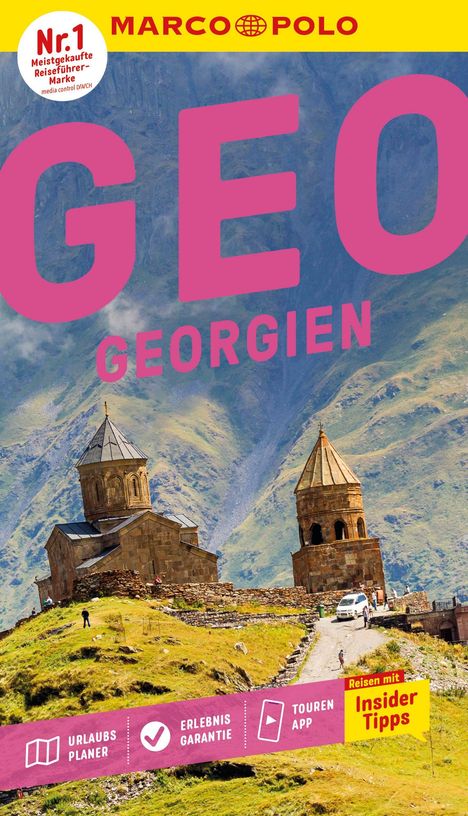 "Nr. 1 meistgekaufte Reiseführer-Marke" steht oben. Groß geschrieben: "GEO GEORGIEN". Zwei Kirchen vor Bergen im Hintergrund.