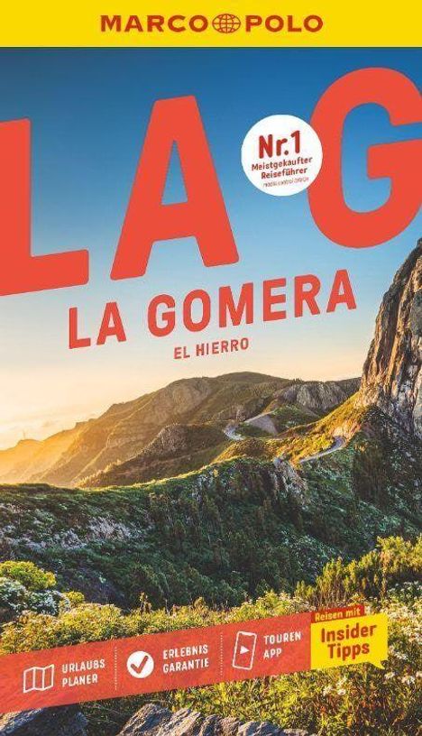 Text: "MARCO POLO", "LA GOMERA", "EL HIERRO", "Nr. 1 meistgekaufter Reiseführer", "Urlaubsplaner", "Erlebnis Garantie", "Touren App", "Insider Tipps". 

Eine Berglandschaft im Hintergrund.