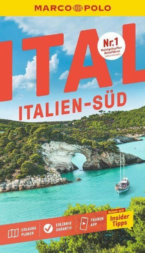 "ITALIEN-SÜD" reiseführer von Marco Polo, Küstenlandschaft mit Felsen und grünem Wasser, Segelboot im Vordergrund.