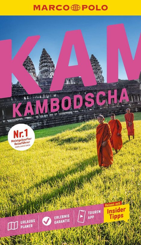 "Nr.1 meistgekaufter Reiseführer", "KAMBODSCHA", "URLAUBSPLANER", "ERLEBNISGARANTIE", Mönche in orangen Gewändern vor Tempel.