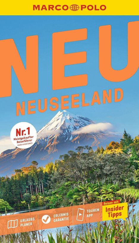 „NEU NEUSEELAND“ steht groß. Ein schneebedeckter Berg über üppigem Wald; Reiseplaner und Insidertipps erwähnt.
