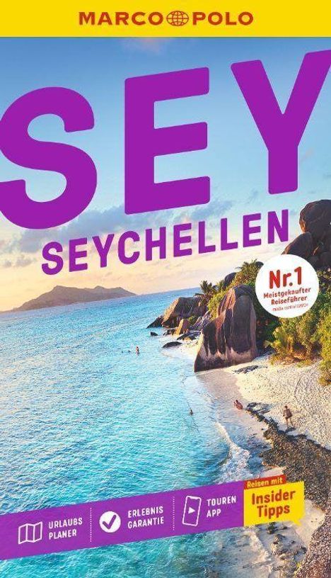 "SEY Seychellen", "Nr. 1", "Insider Tipps". Tropische Küste mit türkisfarbenem Wasser, dramatische Felsen und blauer Himmel.