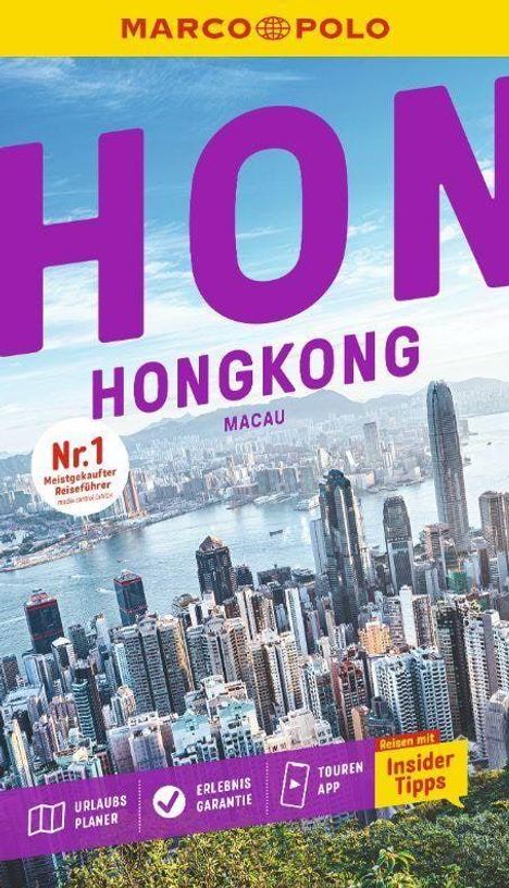 "MARCO POLO", "HONGKONG", "Nr. 1 meistgekaufter Reiseführer", Skyline von Hongkong, bunte Hochhäuser.