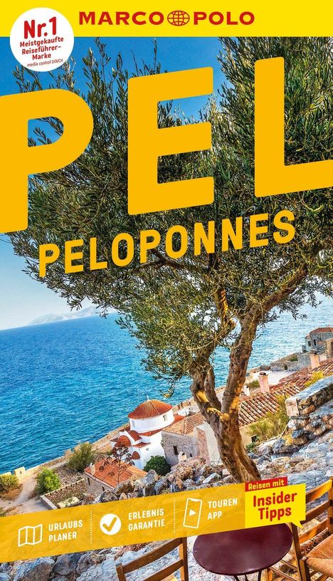 Text: "PEL Peloponnes," "Nr. 1 Meistgekaufte Reiseführer-Marke," "URLAUBS PLANER," "ERLEBNIS GARANTIE," "TOUREN APP," "Reisen mit Insider Tipps". Ein Olivenbaum vor blauem Meer und roten Dächern.
