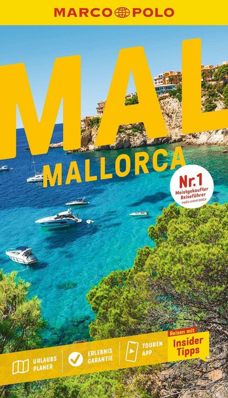 Text: "Mallorca", "Nr. 1 Meistgekaufter Reiseführer", "Urlaubs Planer", "Erlebnis Garantie", "Touren App", "Insider Tipps".  
Szene: Küste mit klarem Wasser und Booten. 