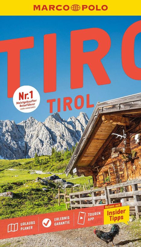 Titel "TIROL", "Nr. 1 Meistgekaufter Reiseführer", Hütte, Berglandschaft, Sommerwiese.