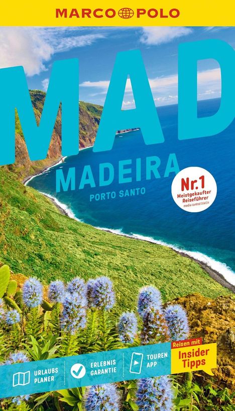 Titel: "MARCO POLO", "MADEIRA", "PORTO SANTO". Großes "Nr. 1 Meistgekaufter Reiseführer"-Label. Küstenlandschaft, bunte Blumen.