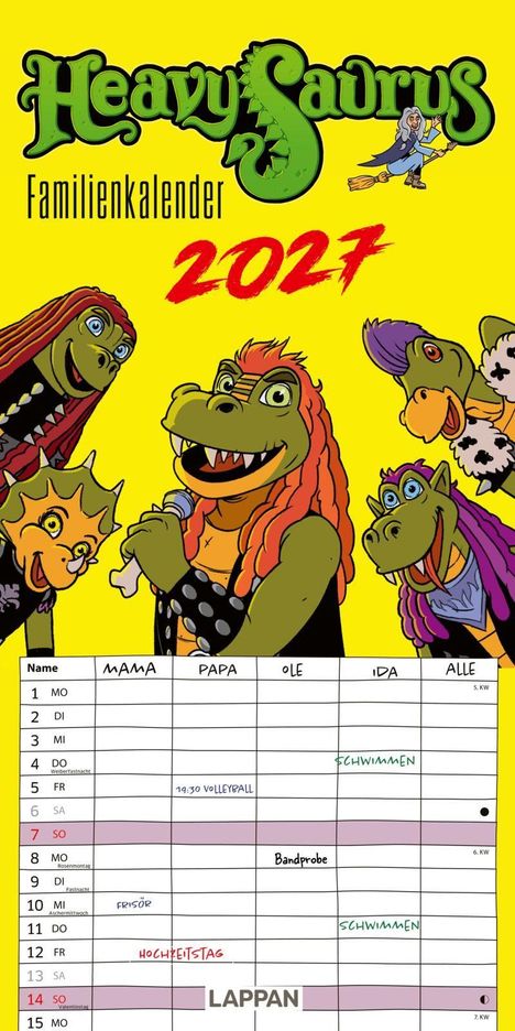 "Heavy Saurus Familienkalender 2024", farbenfrohe Comic-Dinosaurier mit Mikrofon und Kalender.
