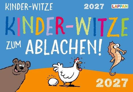 "Kinder-Witze zum Ablachen! 2027." Buntes, verspieltes Design mit Bär, Huhn, Ei und Seepferdchen auf farbigem Hintergrund.