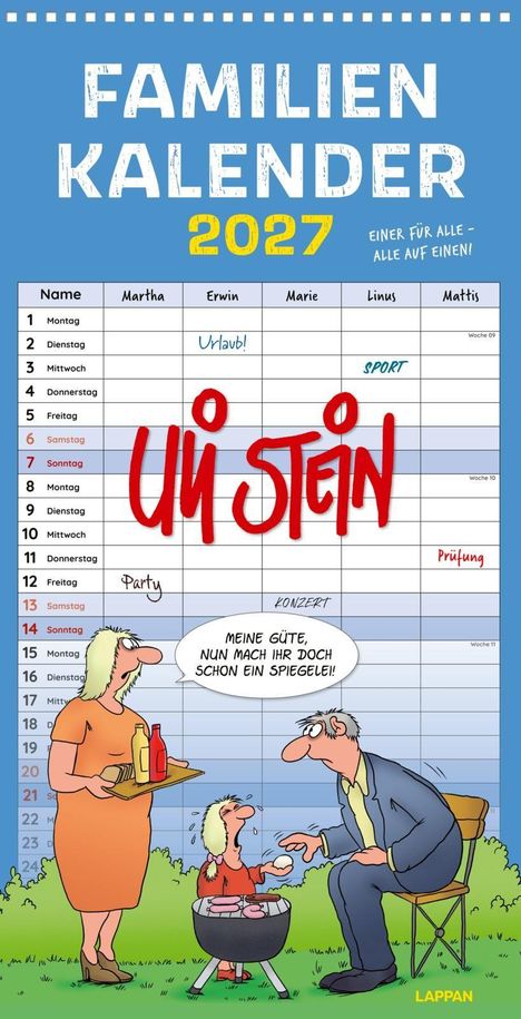 Familienkalender 2027. „Urlaub!“, „SPORT“, „Party“, „KONZERT“, „Prüfung“. „MEINE GÜTE, NUN MACH IHR DOCH SCHON EIN SPIEGELEI!“ Cartoon.