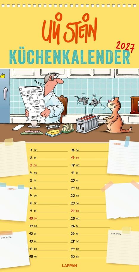 "Uli Stein Küchenkalender 2027". Eine Illustration mit einem Mann, der Zeitung liest und einer Katze neben einem Toaster.