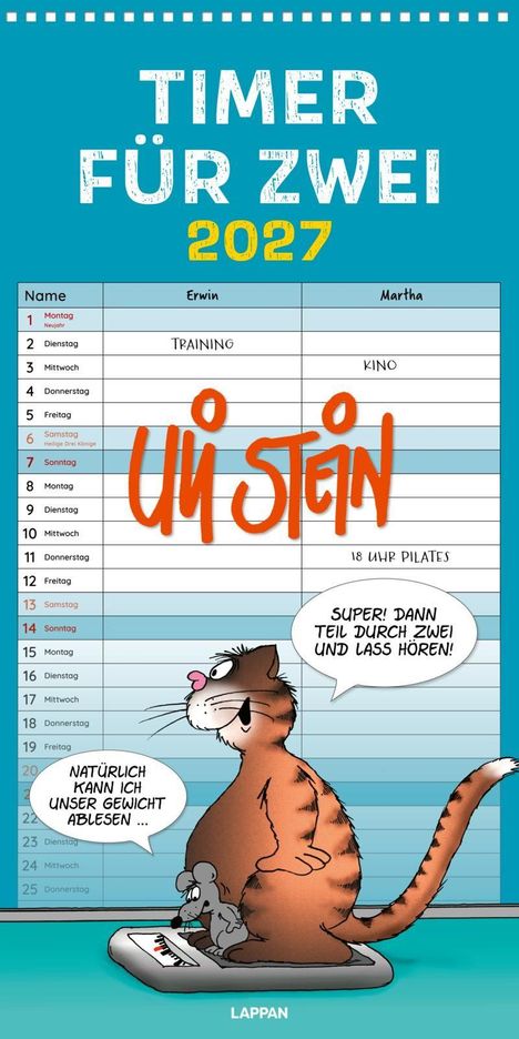 "Timer für Zwei 2027." Eine Illustration mit einer Katze auf der Waage, daneben eine Maus. Sprechblase: „Super! Dann teil...“