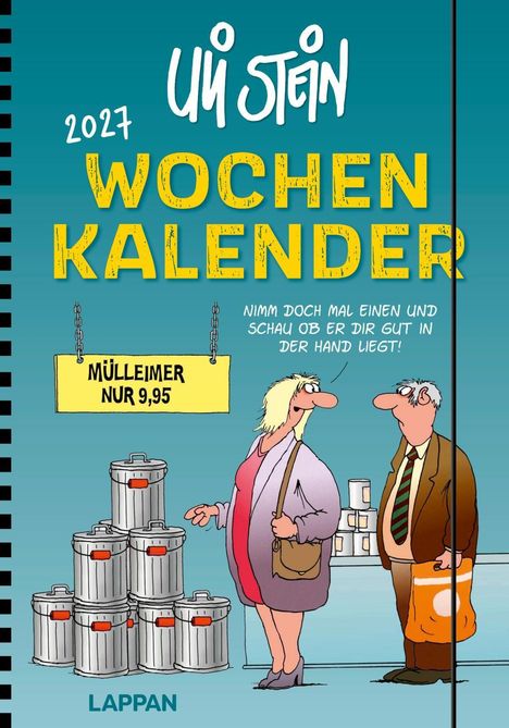 2027 Wochenkalender. „Mülleimer nur 9,95.“ „Nimm doch mal einen und schau ob er dir gut in der Hand liegt!“ Comic-Stil.