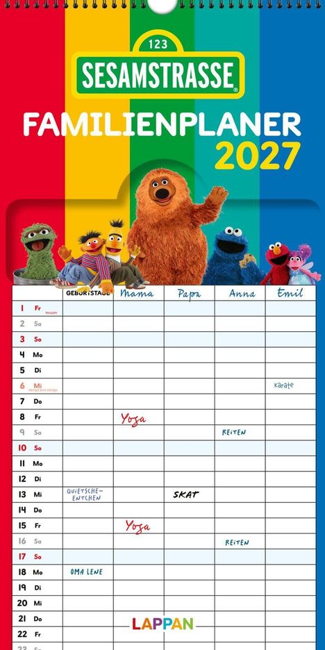 „Sesamstraße Familienplaner 2027“ in bunten Streifen. Charaktere wie Oscar, Ernie, Bert und das Krümelmonster sind abgebildet.