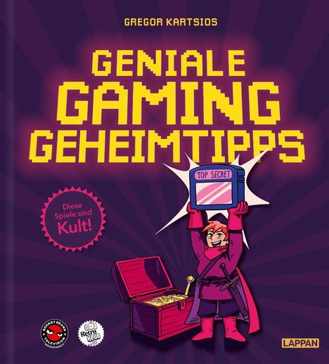 Titel: "Geniale Gaming Geheimtipps" von Gregor Kartsios. Illustration: Person hält "Top Secret"-Buch, daneben Schatztruhe.