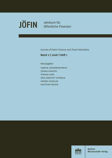 Text: JÖFIN, Jahrbuch für öffentliche Finanzen, Band 2, 2026, Heft 1, Herausgeber: Liste von sechs Namen. Hellblaues Cover.