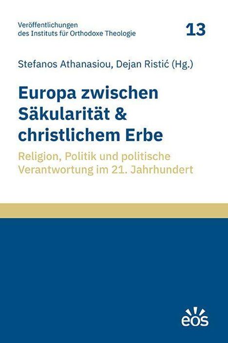 "Europa zwischen Säkularität & christlichem Erbe" in blauer Schrift oben, weißer Hintergrund, eos-Logo unten rechts.