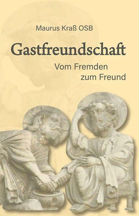 „Maurus Kraß OSB: Gastfreundschaft - Vom Fremden zum Freund“. Zwei Skulpturenfiguren, die Hände reichen.