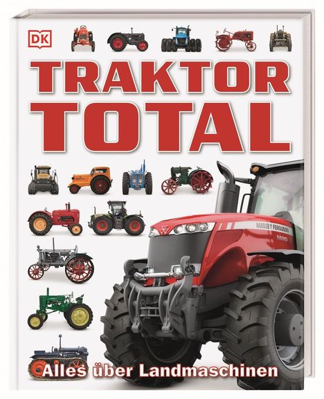 "Traktor Total" und "Alles über Landmaschinen". Rote Traktor-Illustration und viele kleine Traktoren oben.