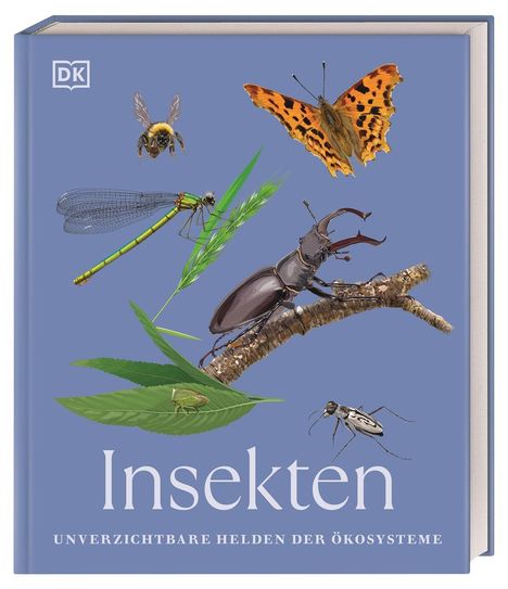 „Insekten: Unverzichtbare Helden der Ökosysteme.“ Verschiedene Insekten auf einem blauen Hintergrund.