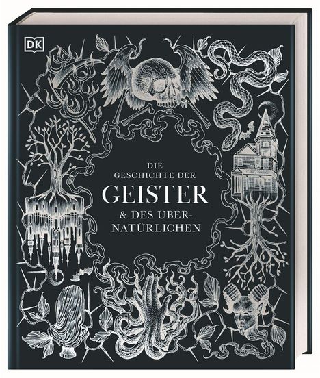 „Die Geschichte der Geister & des Übernatürlichen“. Lebendige Illustrationen: Schädel mit Flügeln, Schlange, Haus.