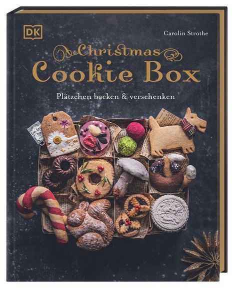 "Christmas Cookie Box: Plätzchen backen & verschenken" von Carolin Strothe. Verschiedene festliche Kekse arrangiert.