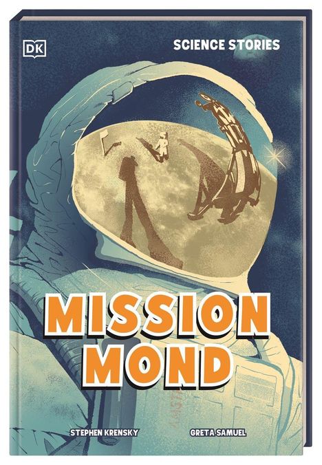"MISSION MOND" steht in großen Buchstaben. Ein Astronaut im Anzug mit Mondlandschaft spiegelt sich im Helm.