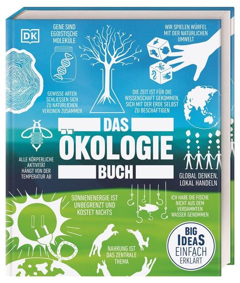 "Das Ökologie Buch" mit Illustrationen von Baum, Würfeln, Bienen, Sonne und Tierfiguren auf blau-grünem Hintergrund.