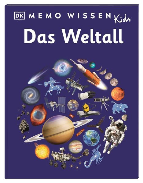 "MEMO WISSEN Kids: Das Weltall" steht oben. Verschiedene Weltraum-Elemente wie Planeten und Astronauten sind abgebildet.