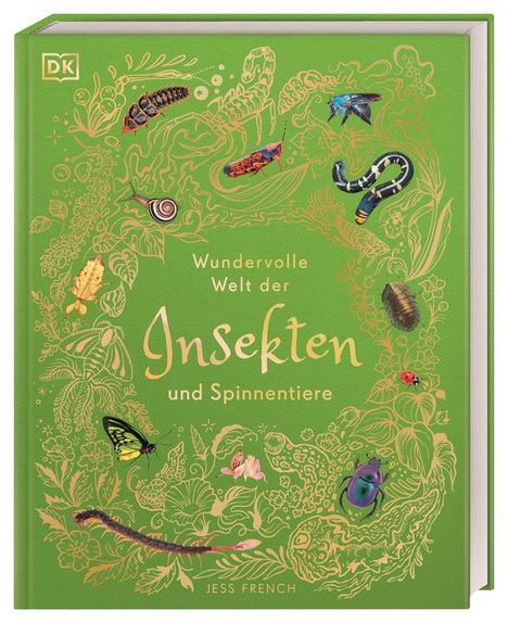"Wundervolle Welt der Insekten und Spinnentiere" von Jess French. Grüne Gestaltung mit verschiedenen Insektenabbildungen.