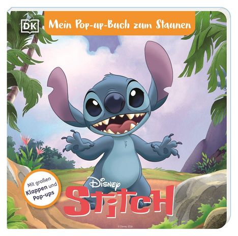 Logo mit "DK", Titel: "Mein Pop-up-Buch zum Staunen", Text: "Mit großen Klappen und Pop-ups", Illustration von Stitch.