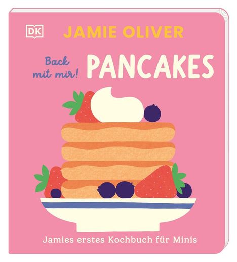 \"Back mit mir! PANCAKES\" und \"Jamies erstes Kochbuch für Minis\". Illustration: Pancakes mit Beeren und Sahne auf rosa Hintergrund.