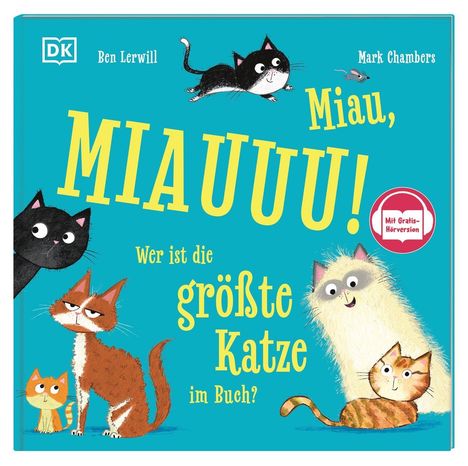 „Miauuu! Wer ist die größte Katze im Buch?“ Auf einem türkisen Hintergrund sind mehrere gezeichnete Katzen.