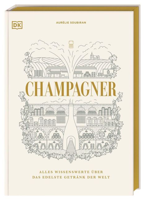 "Champagner. Alles Wissenswerte über das edelste Getränk der Welt." Illustration von Weinbergen und einem Weinkeller.