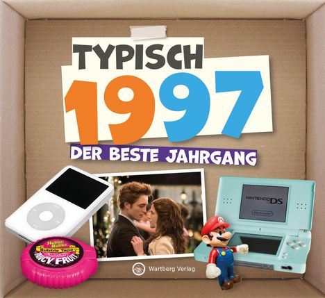 "Typisch 1997, der beste Jahrgang". Ein iPod, Nintendo DS, Kaugummi, Mario-Figur und Filmszene in einem Pappkarton.